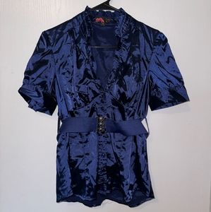 Vintage Ruffle Dark Navy Blue Blouse With Belt Medium